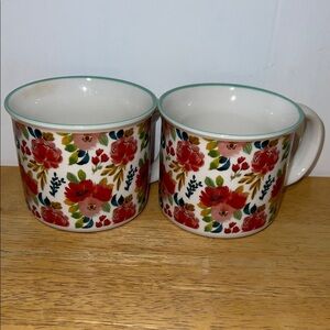 Floral Ceramic Mugs - Red and Green Accents